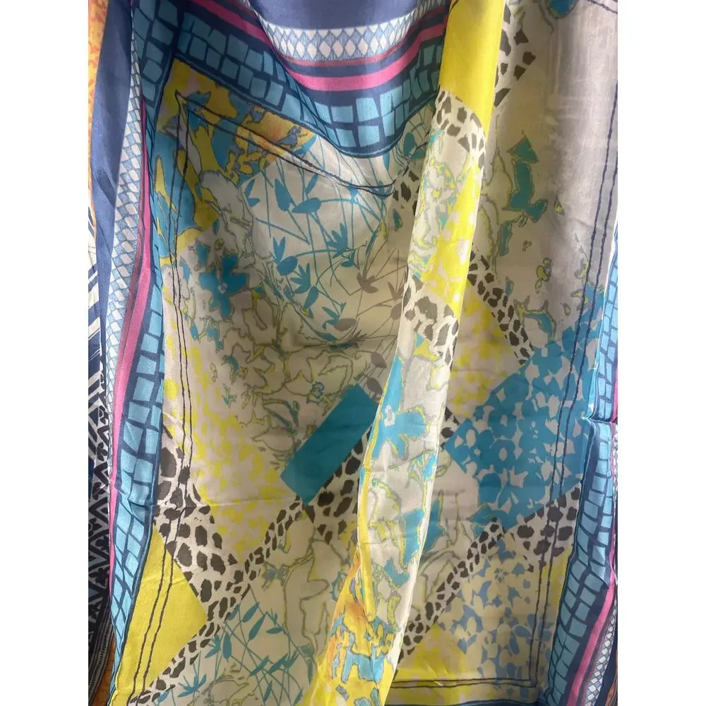 Johnny Was Silk Scarf Large Square Patchwork Boho Tassel Wrap Pink Blue